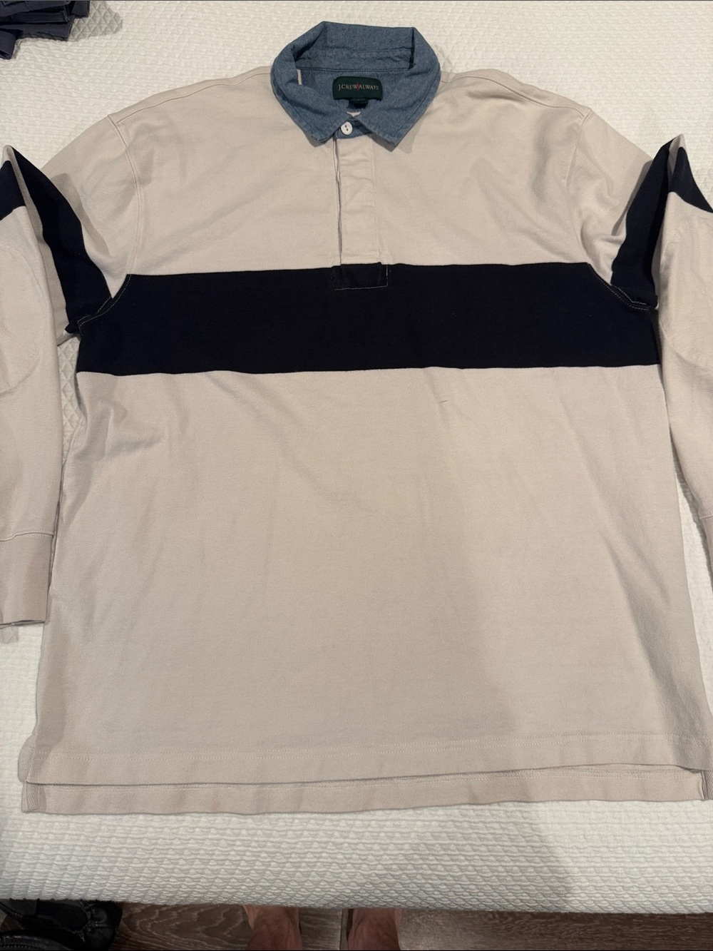 J. Crew Beige Rugby Polo with Black Chest Stripe and Blue Collar